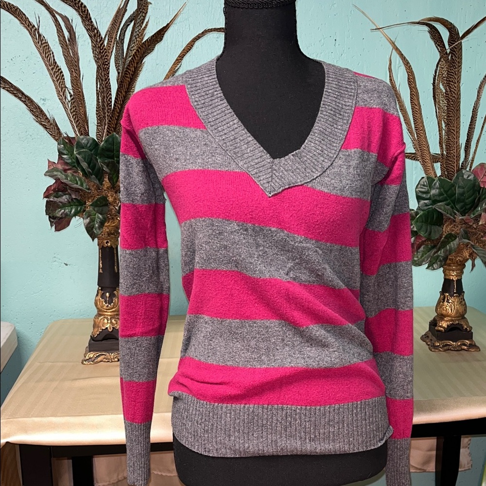 Vibrant Pink and Gray Striped Women's Sweater